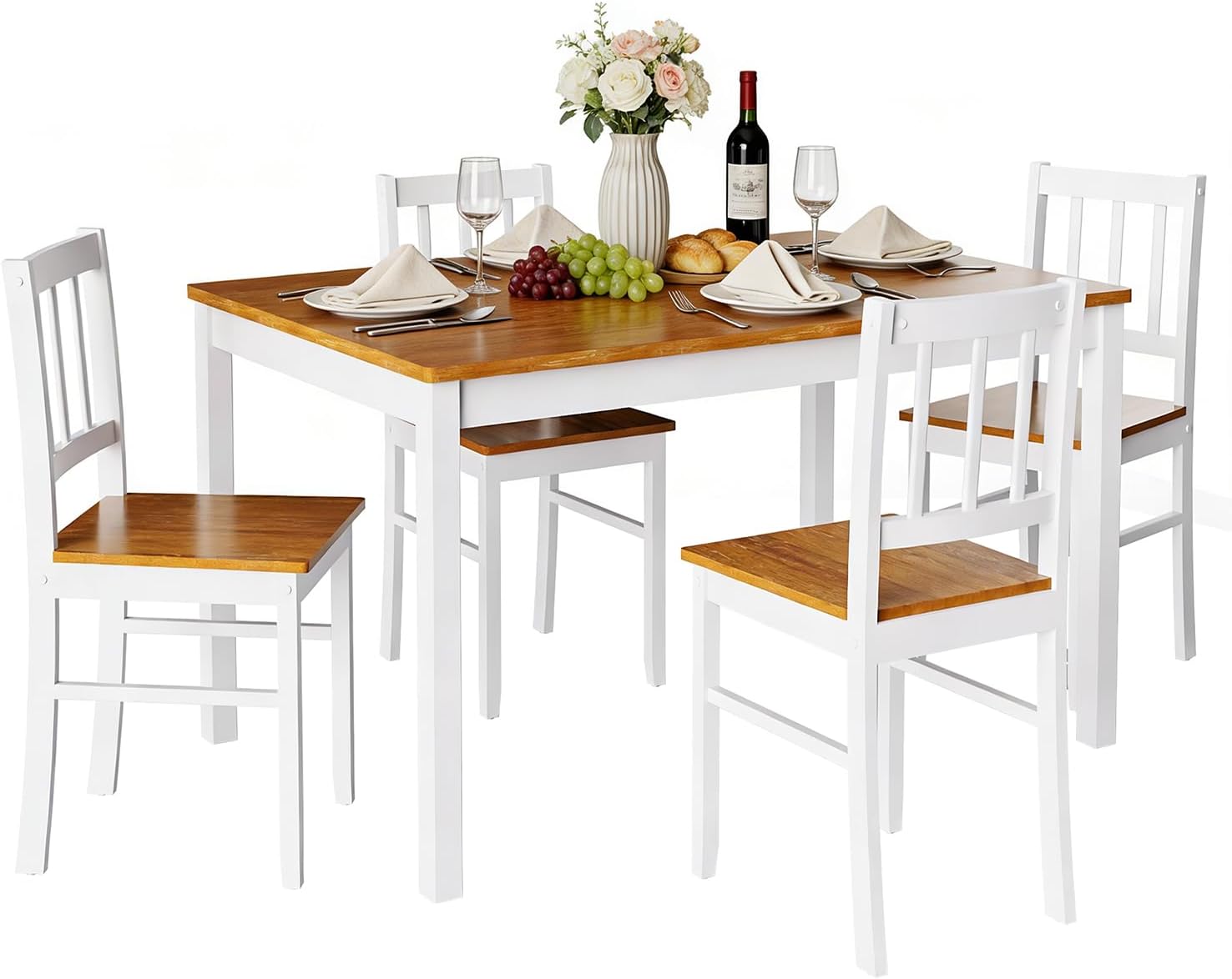 Dining Table Set for 4, Farmhouse Kitchen Table and Chairs with Rubber Wood Legs, Space-Saving Dinette Set, 5 Pieces Dining Table with Chairs for Small Spaces Kitchen Dining Room. Brown