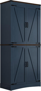 71in Farmhouse Kitchen Pantry Cabinet,Tall Storage Cabinet with 4 Doors and Adjustable shelves,with Load-Bearing Steel Pipe,Wood Storage Cabinets for Kitchen,Dining Room,Bathroom(Rustic Blue)
