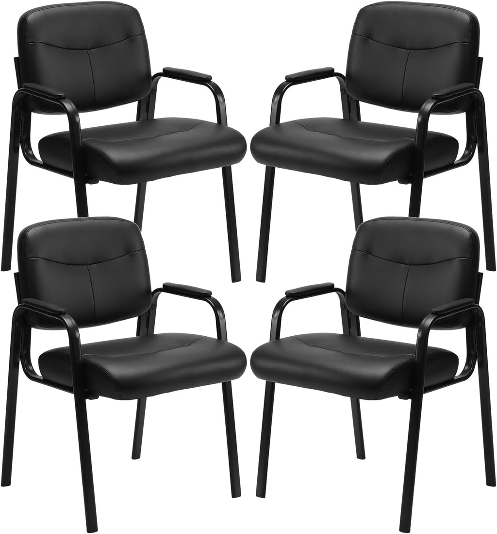 NEWBULIG Waiting Room Chair Set of 4, Leather Stationary Office Guest Reception Chairs No Wheel,Comfy Padded Arms,for Conference Room Lobby Side breakroom