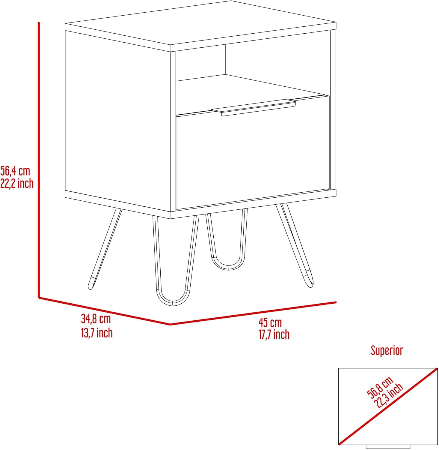 Nightstand 22" H, One Open Shelf, Single Door Cabient, Hairpin Legs, Light Oak,for Small Spaces
