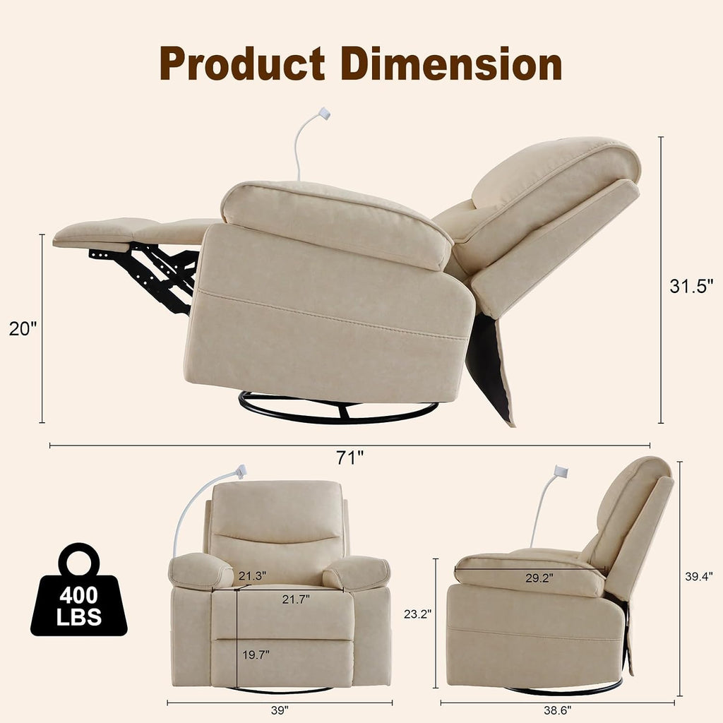 360° Swivel Glider Rocking Chair Nursery， Oversized Recliner with Phone Holder，Nursing Chairs for Breastfeeding with Wide Foot Rest for Living Room and Baby Room,Linen