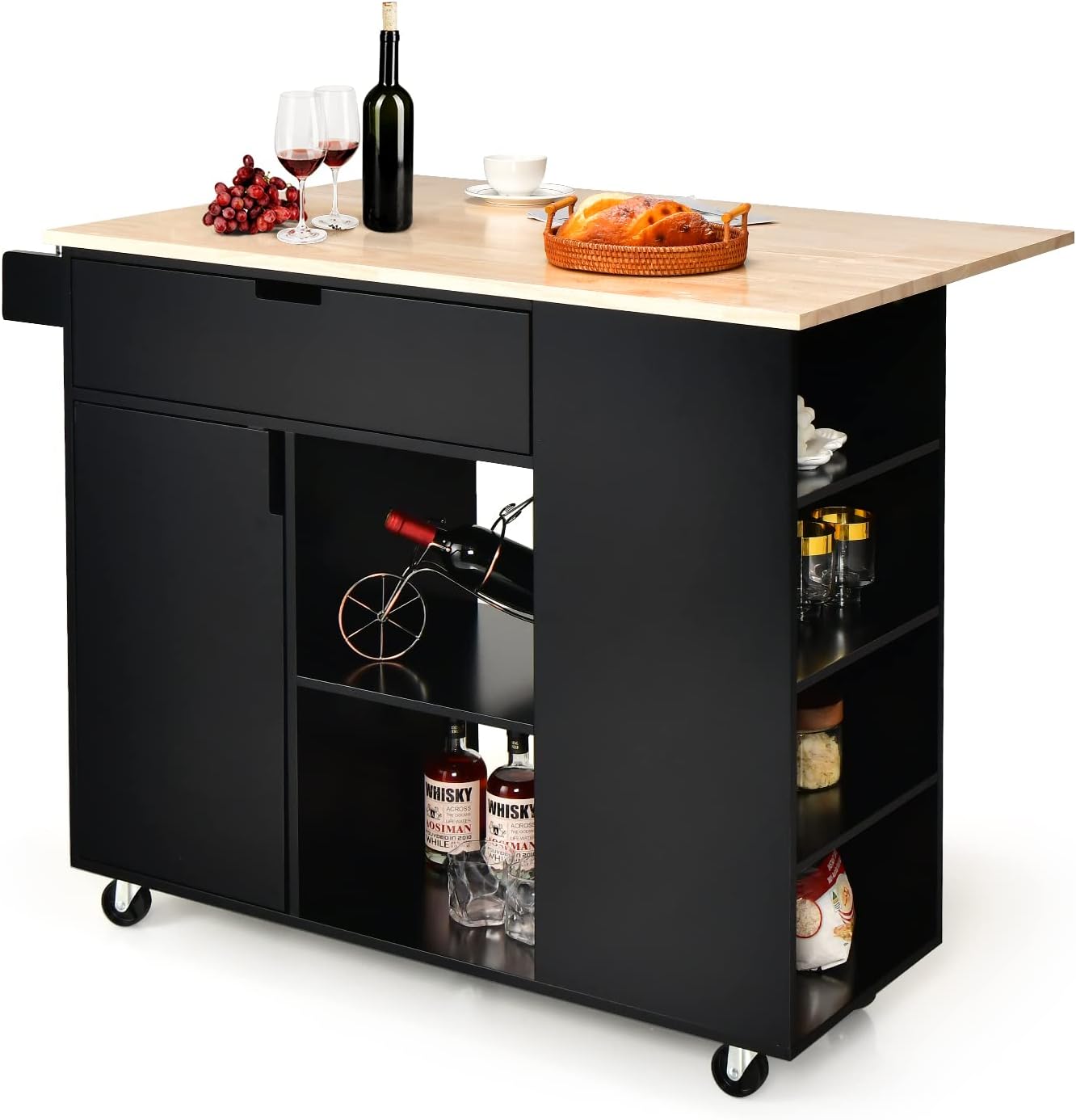 Giantex Kitchen Island Cart Drop-Leaf Countertop, Rubber Wood Breakfast Dining Table w/Large Drawer, Storage Shelves, 4-Tier Spice Rack, Rolling Serving Cart on 5 Wheels for Home Coffee Bar (Black)