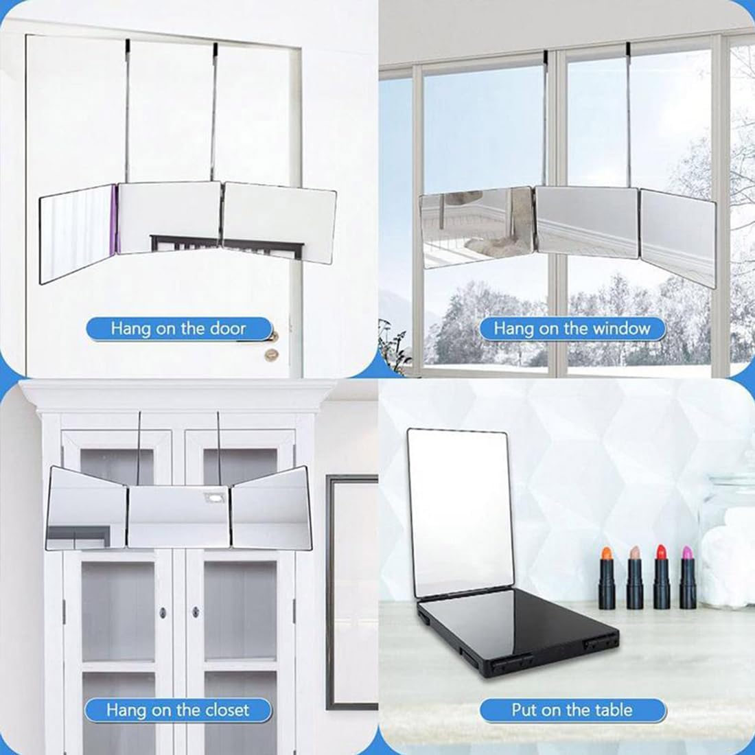 HIEEY 3 Way Mirror for Hair Cutting,360 Trifold Mirror with Height Adjustable Telescoping Hooks,and 5X Magnification,for Makeup, Hair Styling