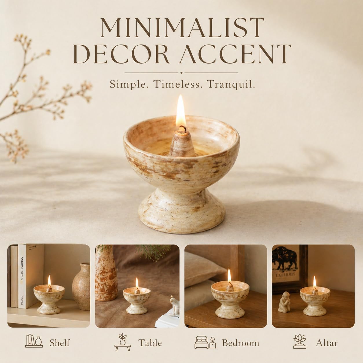 Handmade Ceramic Oil Lamp – Refillable Butter/Ghee Diya with Cotton Wick for Meditation Altar & Calm Home Decor (Wheat)