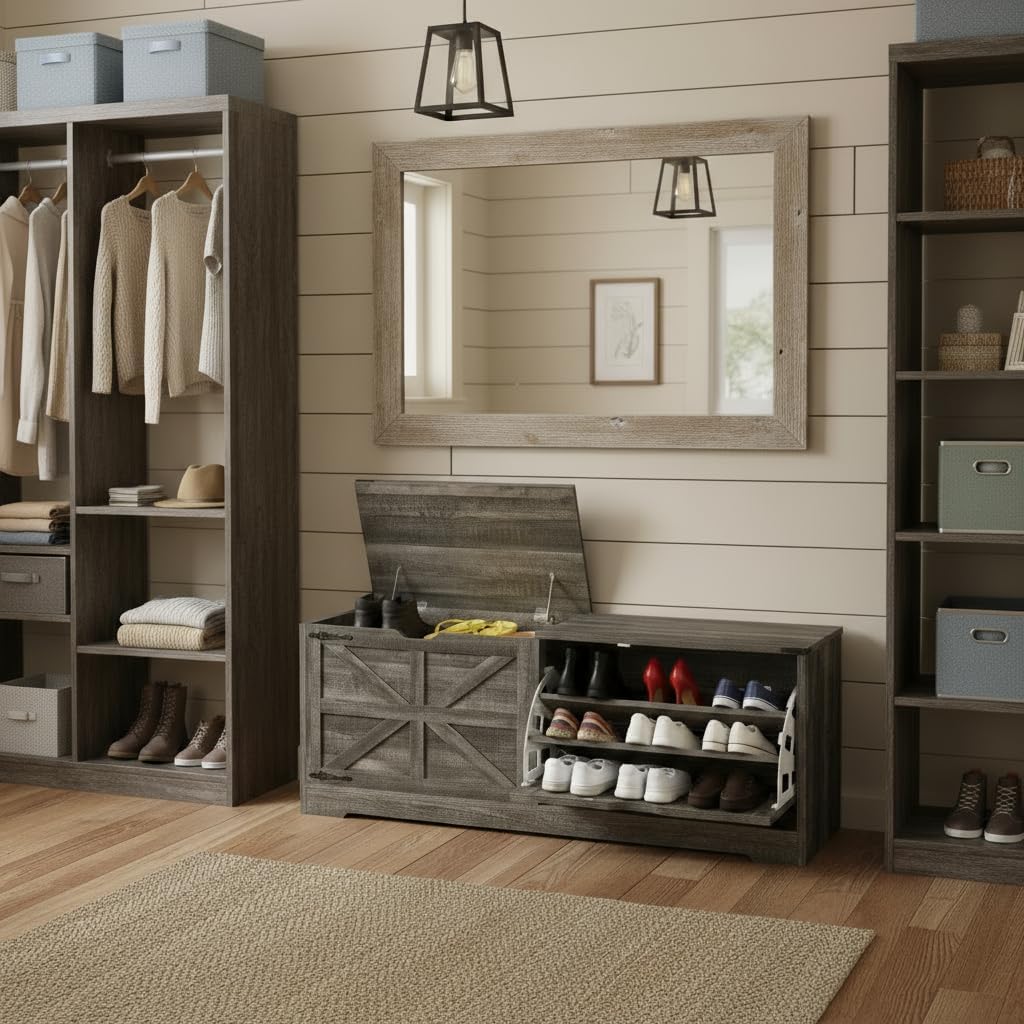 YITAHOME 55" L Farmhouse Shoe Storage Bench with Flip-Top Seat & 3 Tilt-Out Drawers, Entryway Organizer for Mudroom, Hallway, Cloakroom