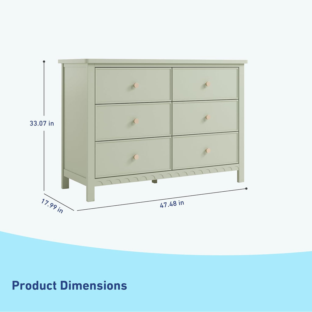 Graco Sasha 6 Drawer Dresser, Sage | GREENGUARD Gold Certified, Removable Bookshelves, Nursery & Kids Bedroom Wood Dresser, Spacious Storage, Interlocking Drawers
