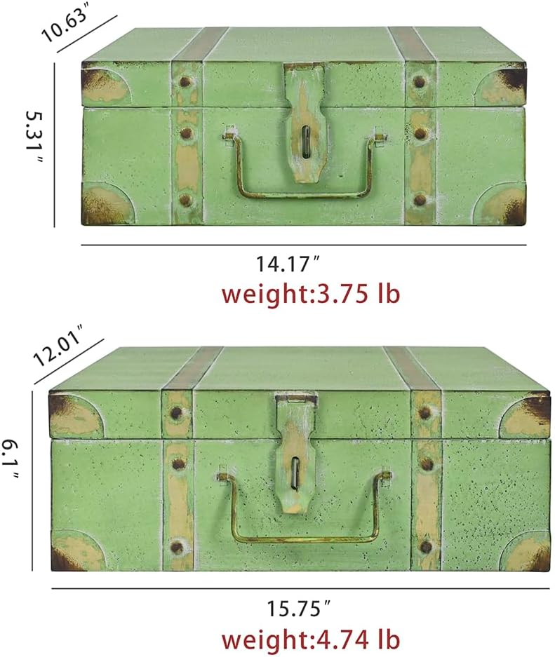 Vintage Metal Storage Trunks - Set of 2, Antique Decorative Storage Chests with Lids, Decorative Suitcase Boxes, Vintage Suitcases for Keepsakes and Home Decor, Green
