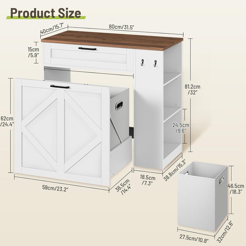 Laundry Hamper Cabinet, Double Laundry Cabinet with Two 11 Gallon Baskets and Drawer, Pull-Out Storage Unit with Adjustable Shelves, Hooks, for Bathroom, Living Room, Kitchen, White and Walnut