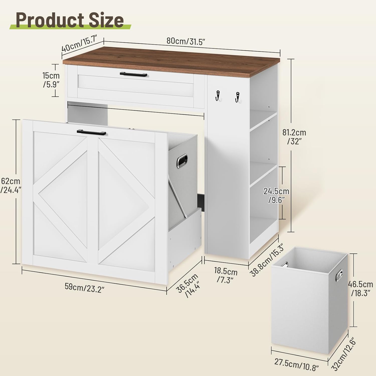 Laundry Hamper Cabinet, Double Laundry Cabinet with Two 11 Gallon Baskets and Drawer, Pull-Out Storage Unit with Adjustable Shelves, Hooks, for Bathroom, Living Room, Kitchen, White and Walnut