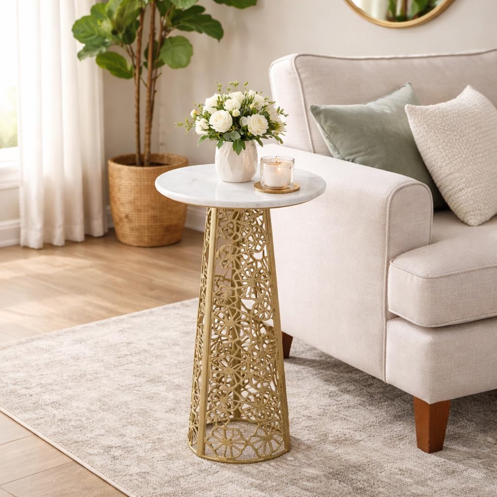 Gold Side Table with White Marble Top | Decorative Modern End Table | Aluminum Base | Accent Table for Living Room | 11x11x21.25