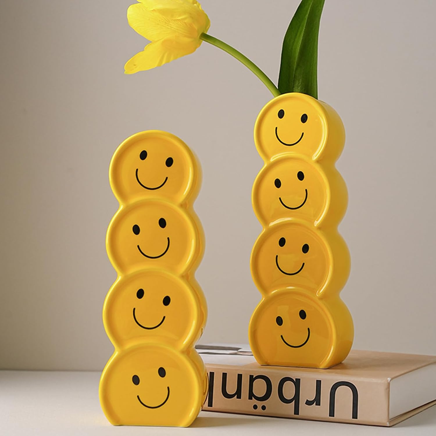 Smile Face Ceramic Vase, 7.3in Glossy Yellow Happy Face Home Office Decor, Playful Desk Ornament for Office, Mood Boosting Gift Men Women