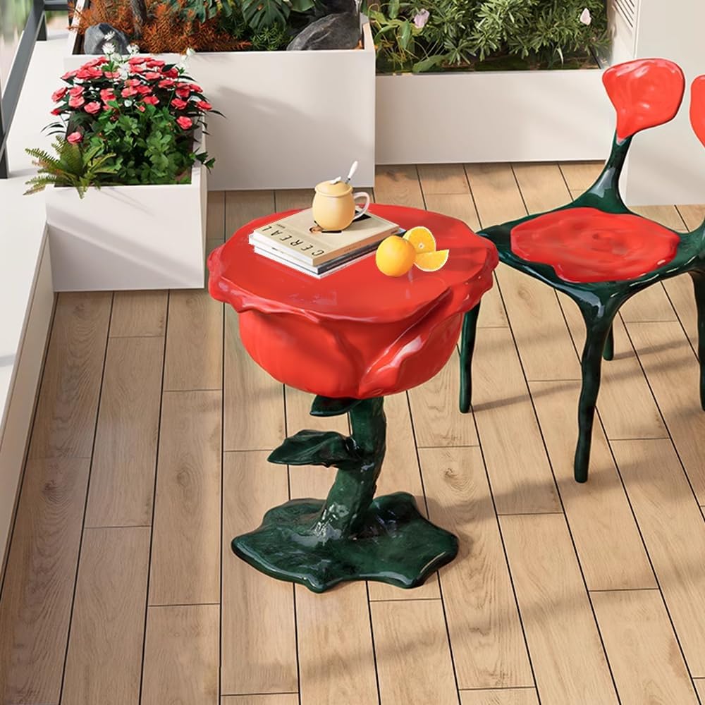 LOVEDIMA Modern Small End Table,Red Resin Rose Sculpture Cute Pedestal Side Table with Tray
