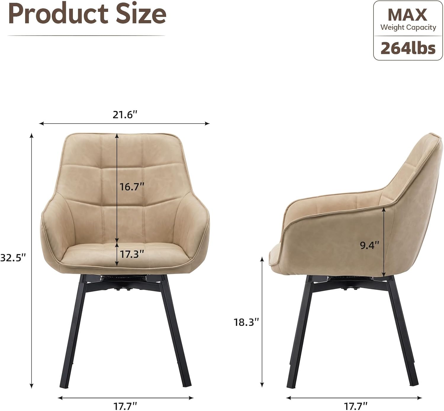 TUKAILAi Swivel Dining Chairs Set of 2, Faux Leather Dining Chairs with Arms & Metal Legs, Upholstered Mid Century Rotatable Kitchen Chairs for Living Room Bedroom Kitchen Restaurant (Cream)