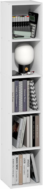 Furinno Fulda Book Shelf, 5-Tier Tall Narrow Bookshelf, Standing Bookcase with 10-in Width Storage Shelf, 9.3 x 9.8 x 51.9, for Organization Storage, for Living Room, Bedroom, Home Office, White