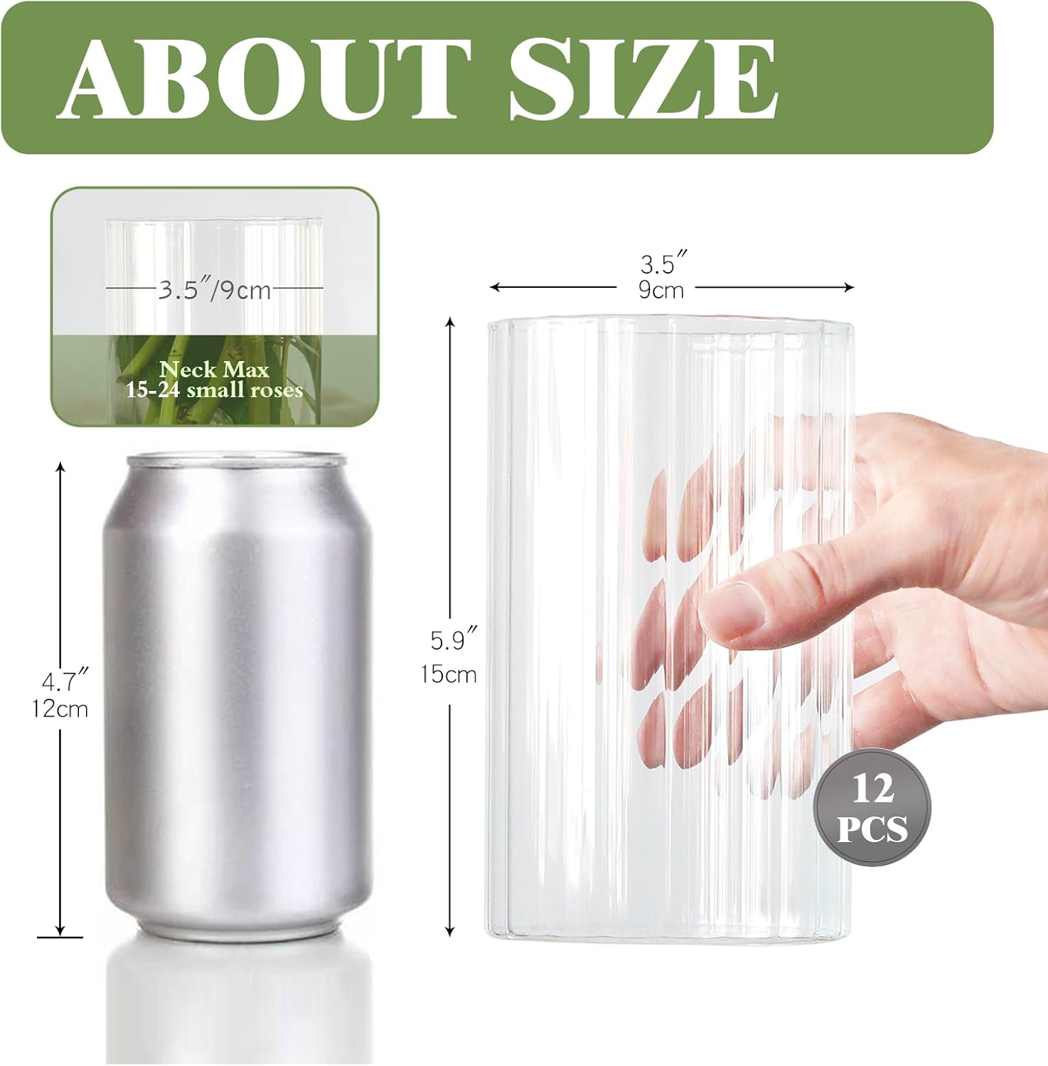 12Pcs Glass Cylinder vases for Centerpieces, 6 Inches Clear Ribbed Bud Vases for Wedding Decorations,Floral Vase Bulk Flower vases,Tall Glass Hurricane Candle Holder for Table Shelf, Party(Ribbed)