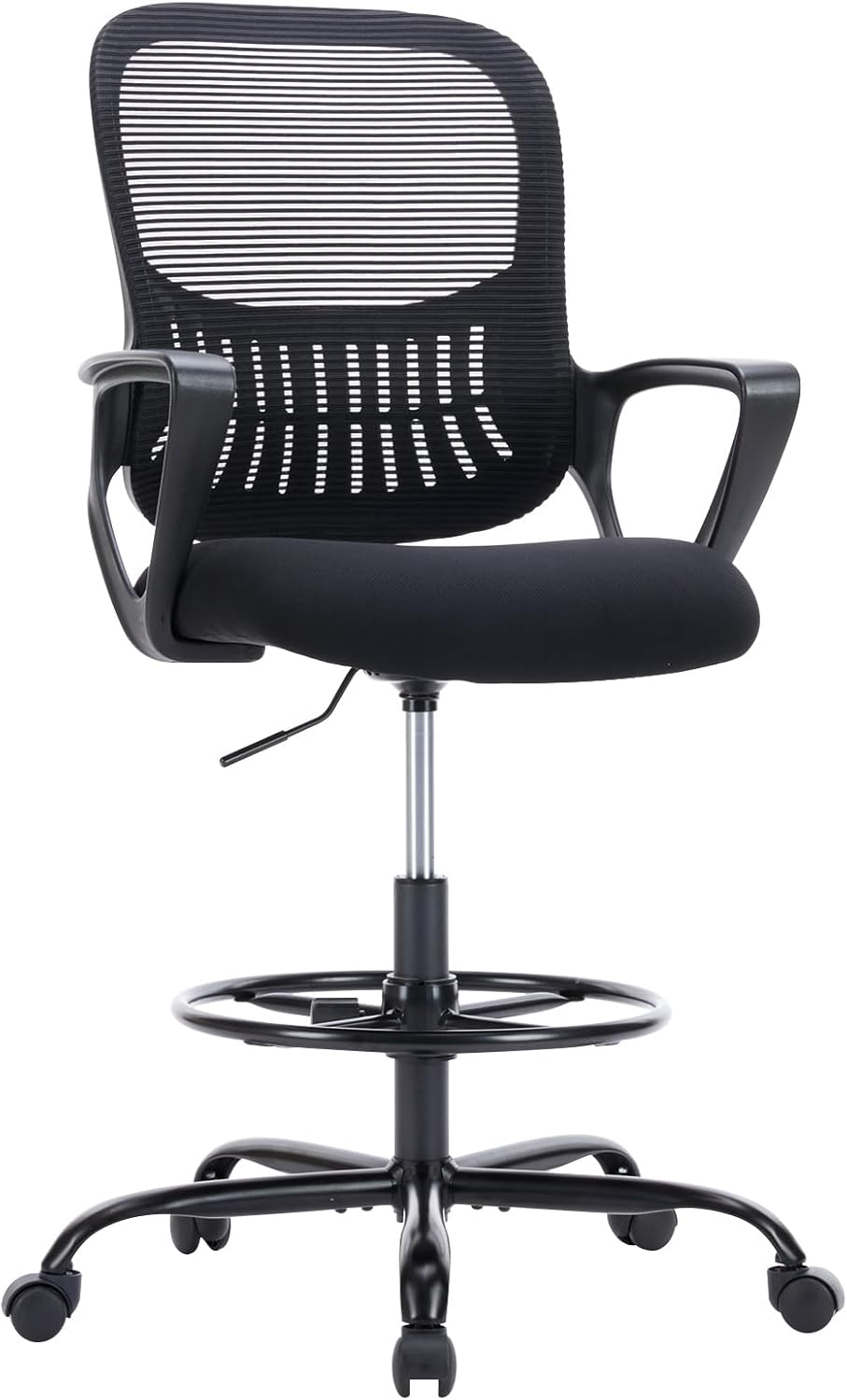 DUMOS Drafting Chair - Counter Height Adjustable Tall Office Desk Chair with Fixed Armrests and Comfortable Lumbar Support for Standing Desk, for Bedroom Livingroom, Black