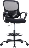 DUMOS Drafting Chair - Counter Height Adjustable Tall Office Desk Chair with Fixed Armrests and Comfortable Lumbar Support for Standing Desk, for Bedroom Livingroom, Black