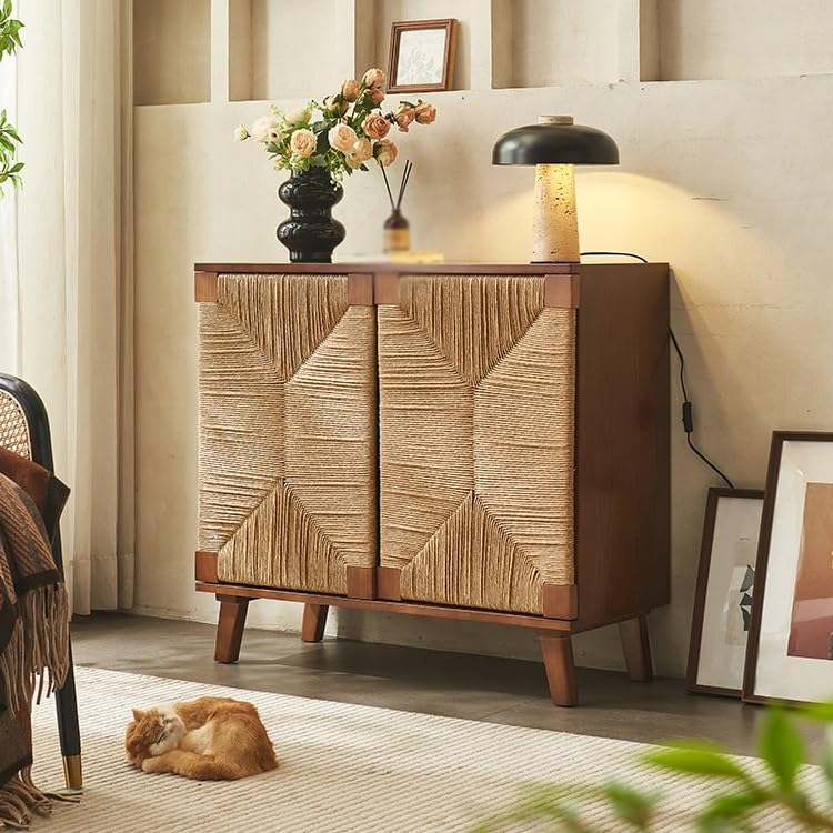 Entryway Cabinet Nordic Wooden Rattan Dining Sideboard Simple Storage Cabinet Living Room Porch Rack Sideboard Storage Cabinet