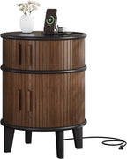 ONBRILL Fluted Round End Table with Storage, Mid-Century Modern Side Table with Charging Station, Small Wood Nightstand Bedside Table for Small Space Sofa Couch Bedroom Living Room (Walnut)