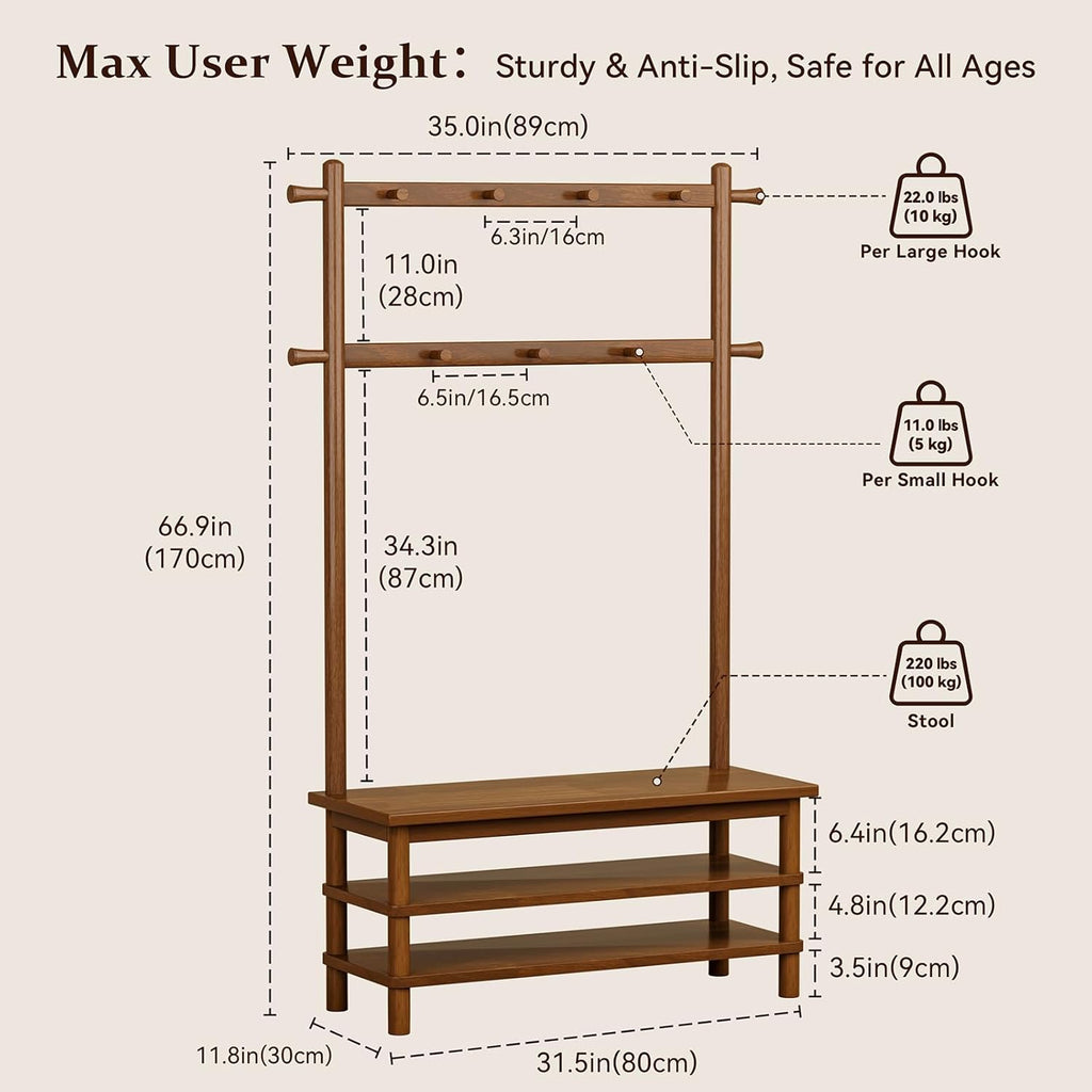 Hall Tree with Shoe Storage Bench, 3-in-1 Entryway Coat Rack with Bench, 11 Hooks, Freestanding Wooden Entryway Organizer for Mudroom, 35" Long