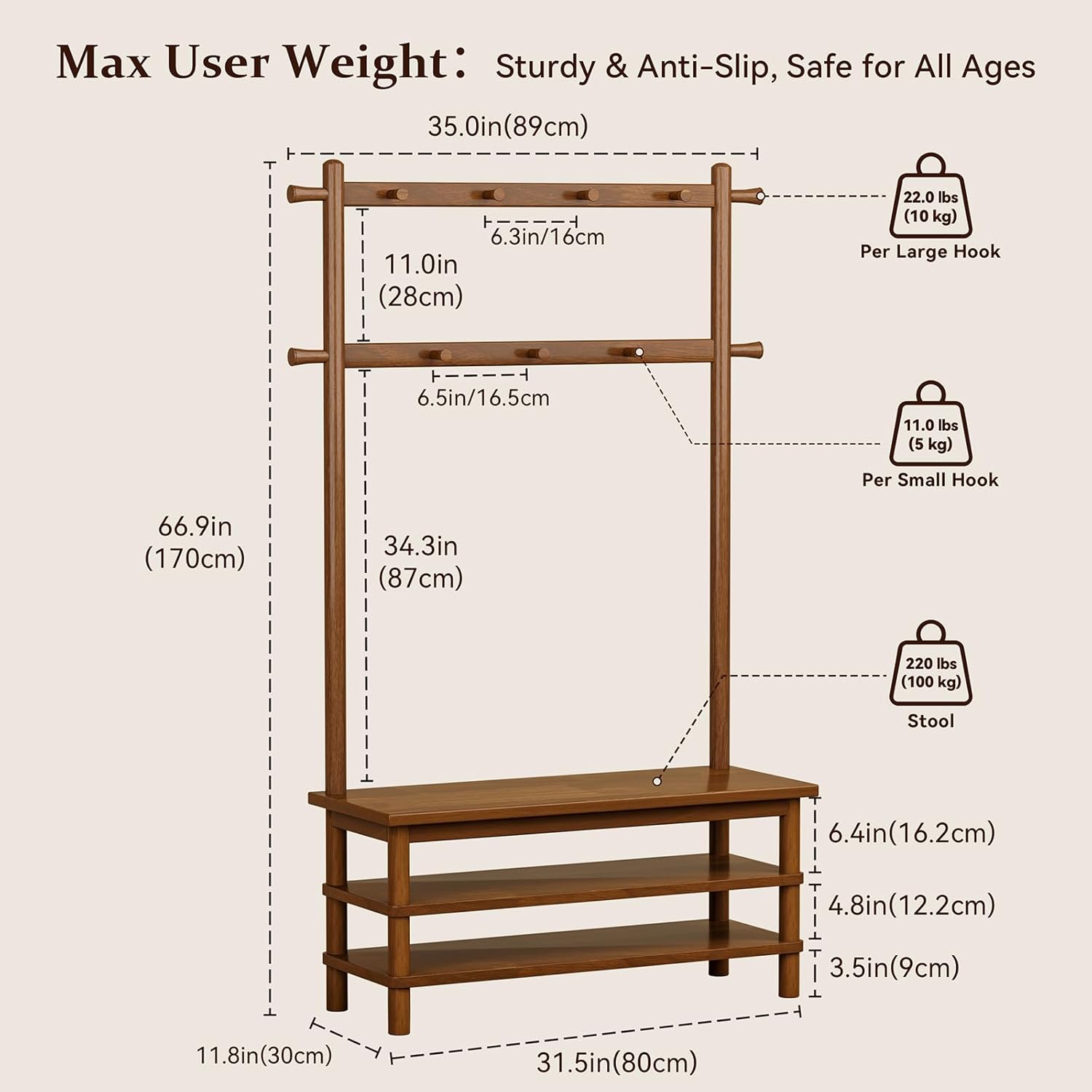 Hall Tree with Shoe Storage Bench, 3-in-1 Entryway Coat Rack with Bench, 11 Hooks, Freestanding Wooden Entryway Organizer for Mudroom, 35" Long