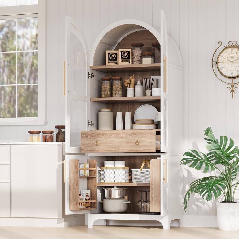Polibi 71" Arched Pantry Cabinet with Adjustable Shelves - Farmhouse Style Storage with Soft-Close Doors, Hidden Drawer & Door Racks, White