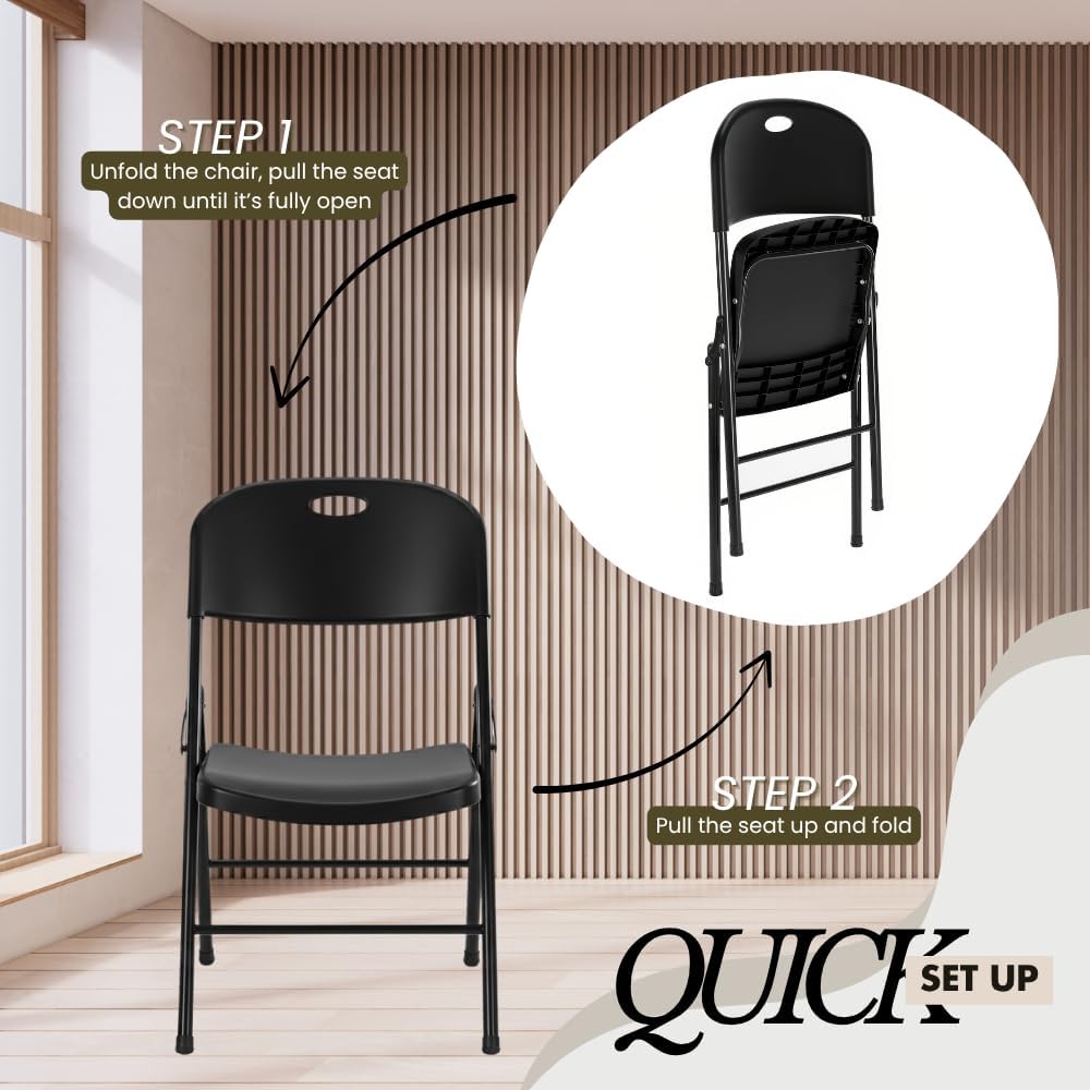 2-Pack Heavy Duty Plastic Folding Chair, 450 lbs Capacity Foldable Chairs for Indoor Outdoor, Stackable Portable Seating for Party, Wedding, Patio, Backyard, Office (Black)