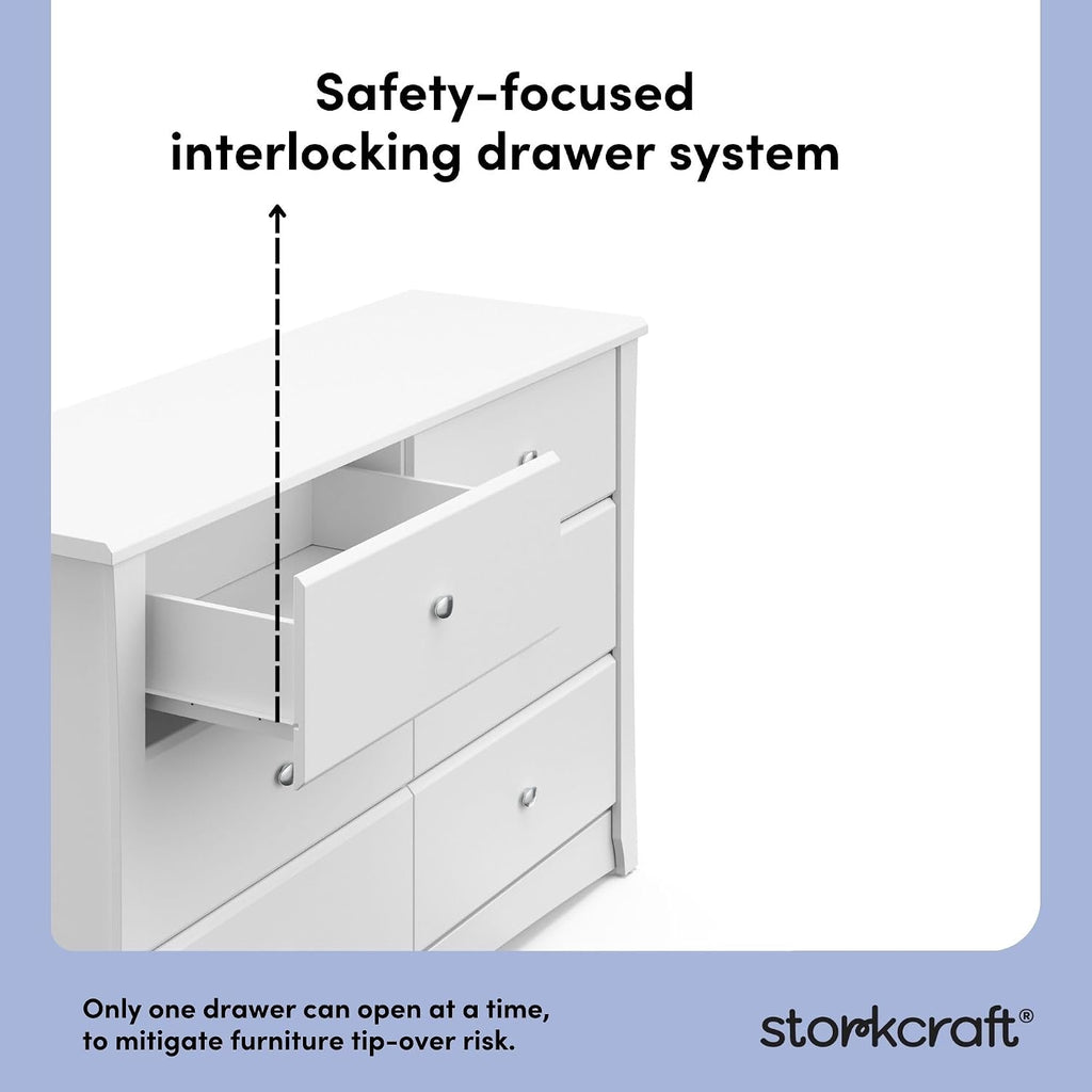 Storkcraft Crescent 6-Drawer Dresser, White | GREENGUARD Gold Certified, White Dresser for Bedroom, Kids & Nursery Storage Chest, Safety Interlocking Drawers, Kids Bedroom