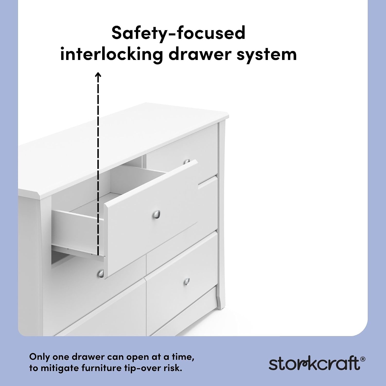 Storkcraft Crescent 6-Drawer Dresser, White | GREENGUARD Gold Certified, White Dresser for Bedroom, Kids & Nursery Storage Chest, Safety Interlocking Drawers, Kids Bedroom
