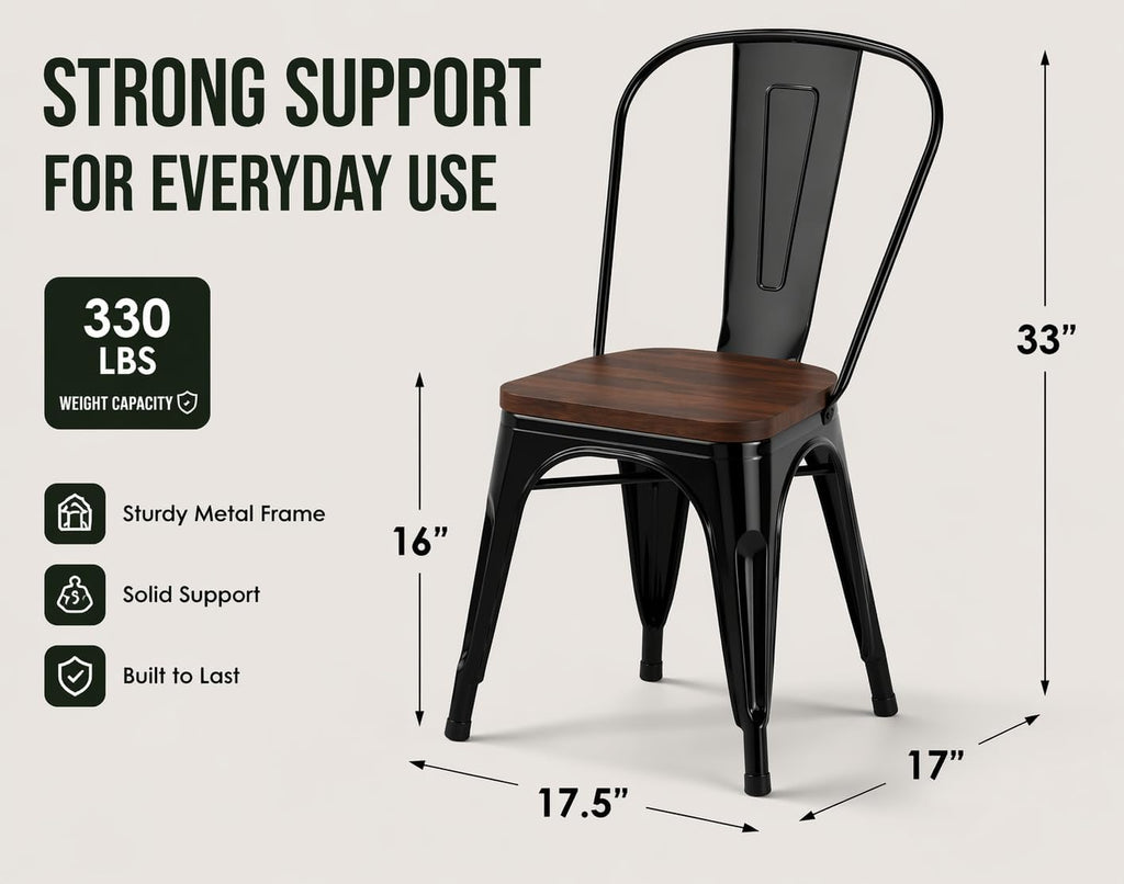 Black Metal Dining Chairs Set of 6 with Wood Seat, Stackable Metal Kitchen Chairs for Dining,Kitchen Room and Outdoor Patio