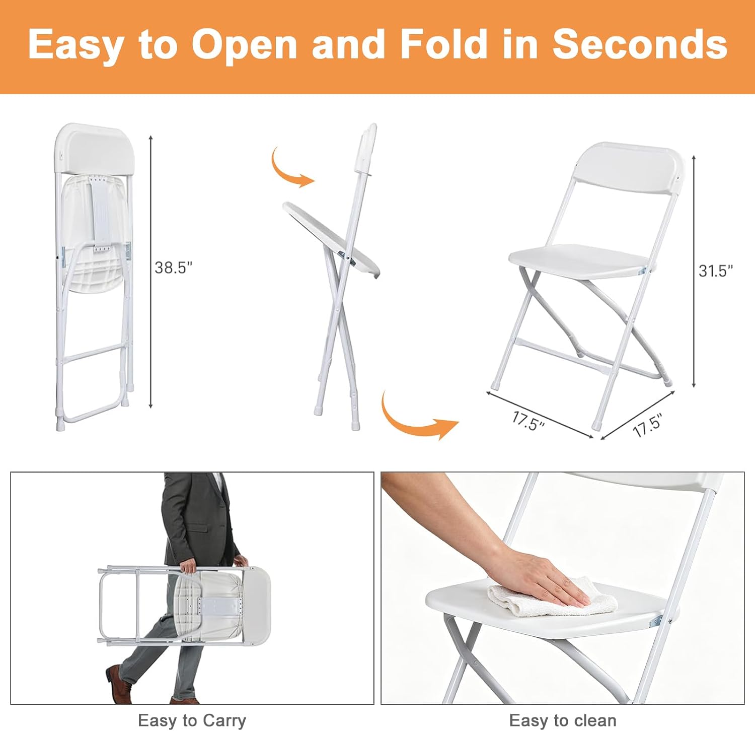 OLLODOT 10 Pack White Folding Chairs with 350-LBS Capacity, Plastic Foldable & Portable Indoor Outdoor Chairs, Portable Commercial Seat with Steel Frame for Office, Party, Events, Wedding & Dinning
