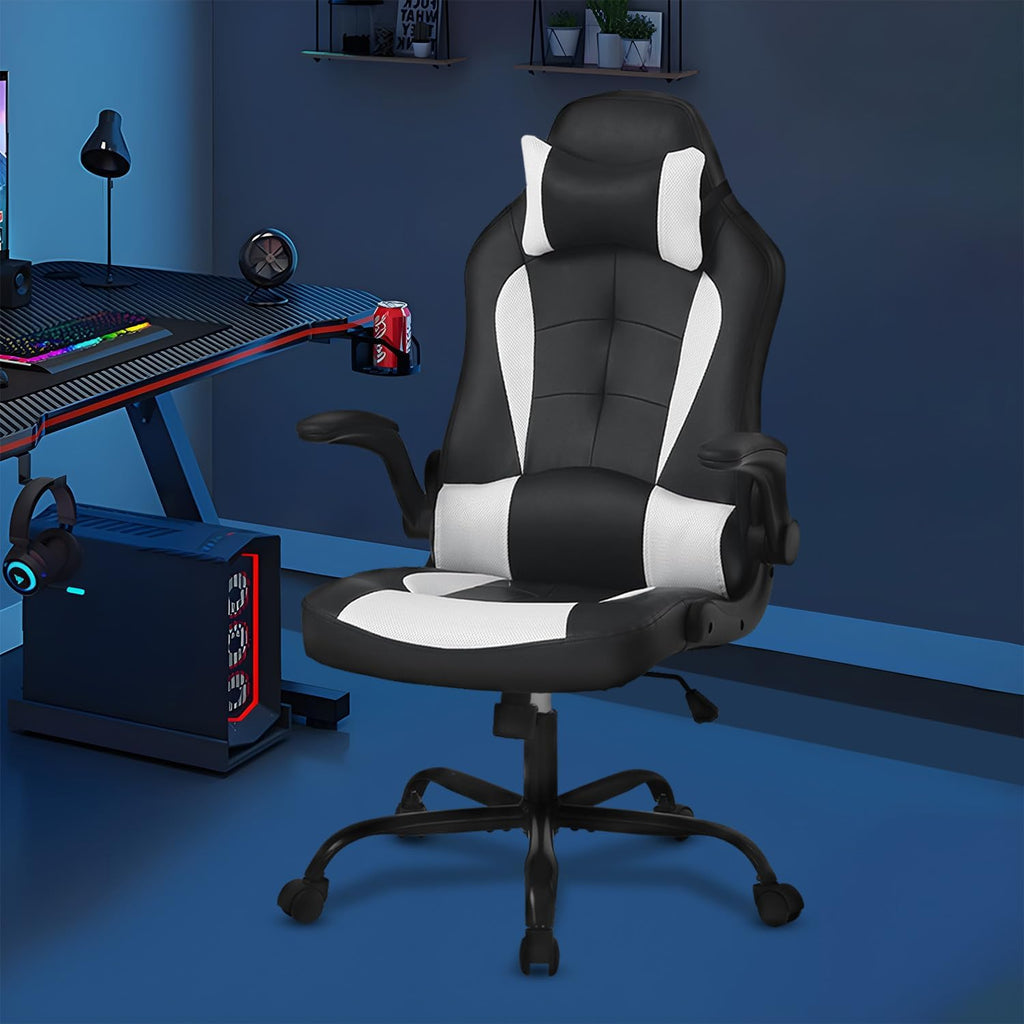 Ruesleag Ergonomic PC Gaming Chair Office Computer Chair w/Lumbar Support Flip Up Arms Headrest PU Leather Study Desk Chair Executive Office Chair High Back Video Racing Chair for Adults,White