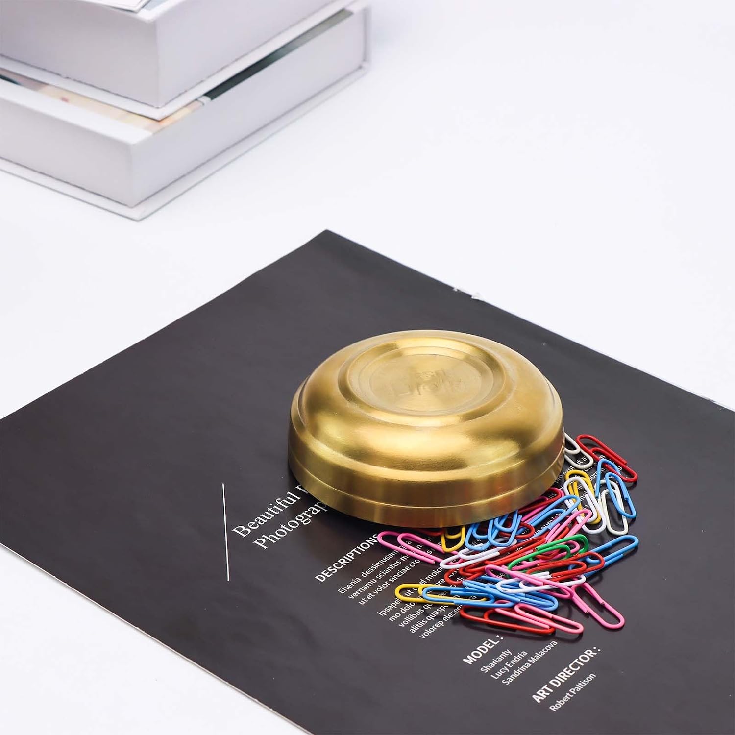 NatSumeBasics Gold Paper Clip Holder Cute Round Paper Clips Dispenser Elegant Desk Organizer Accessories Supplies for School Office Home