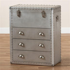 BOWERY HILL 3-Drawer Mid-Century Metal Accent Storage Chest, Silver Finish, Wood and Metal Construction, Vintage-Inspired Rivet Details, Lift-Top Compartment, Bedroom, Living Room, or Entryway Use
