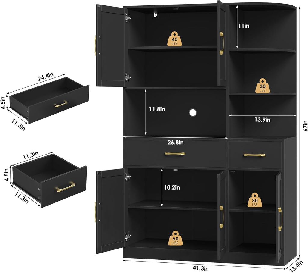 BOTLOG 67" Kitchen Pantry Cabinet, Modern Kitchen Hutch with 5 Doors and 2 Drawers, 3-Tier External Shelf, Large Pantry Storage Cabinet with Microwave Stand for Dining Room, Black