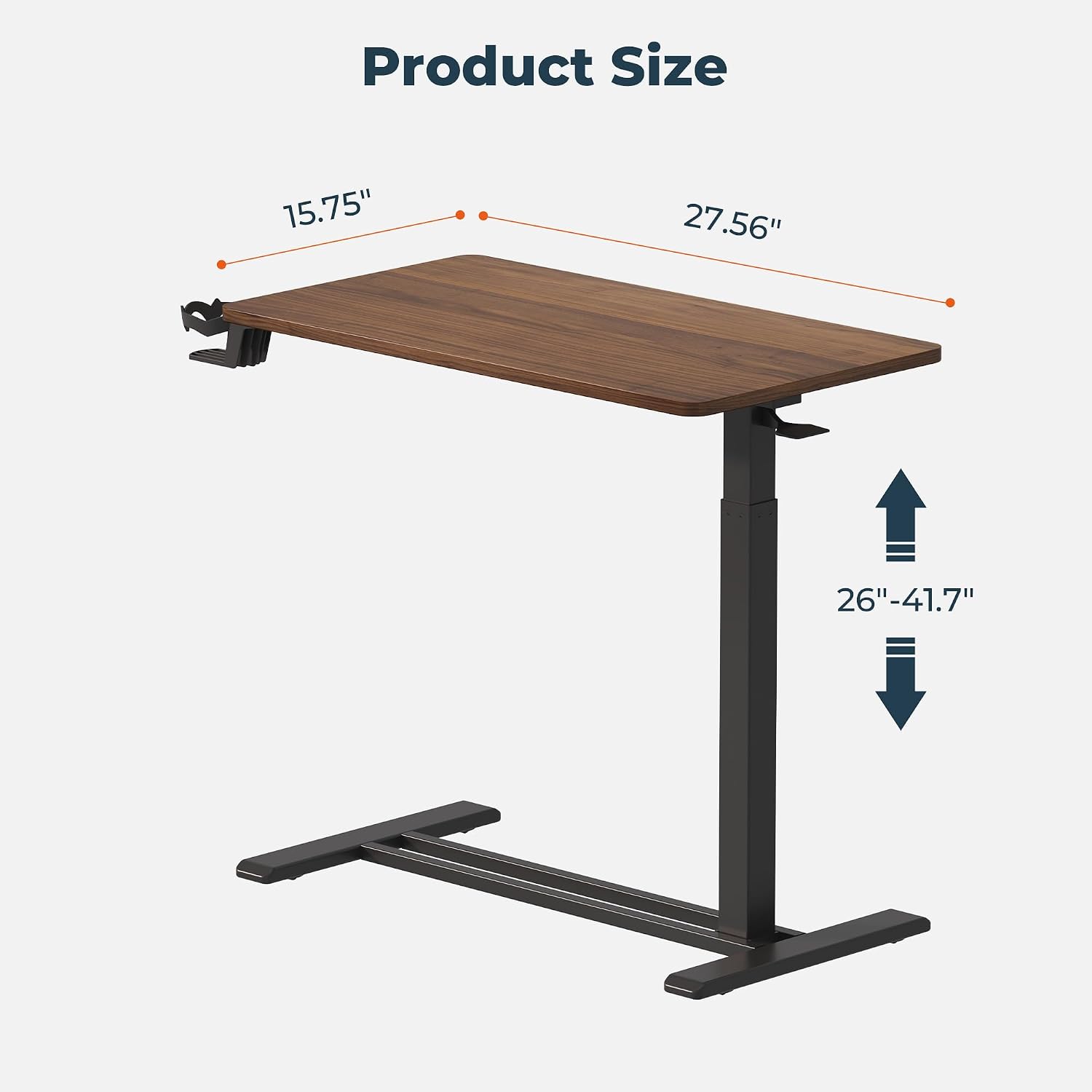 28'' Medical Overbed Bedside Table with Wheels,Rolling Table | 28''x16'' Mahogany Pneumatic Tilting Desktop,Overbed Bedside Table with Hidden Casters for Hospital Use
