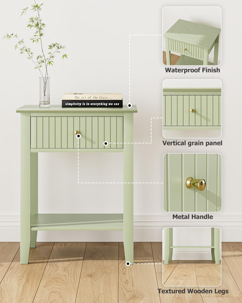 Fluted Nightstand, Farmhouse Night Stand with 2 Drawers, Mid Century Modern Side Accent Table,Bedside End Table for Bedroom, Living Room, Green