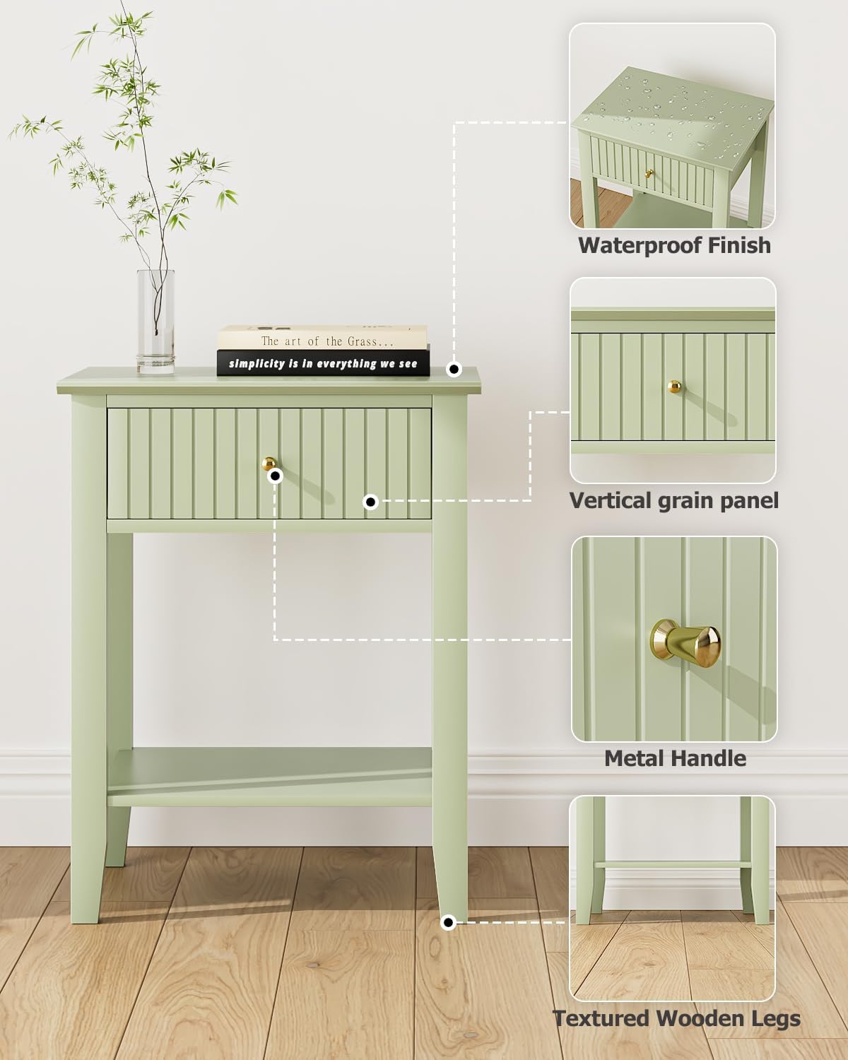 Fluted Nightstand, Farmhouse Night Stand with 2 Drawers, Mid Century Modern Side Accent Table,Bedside End Table for Bedroom, Living Room, Green