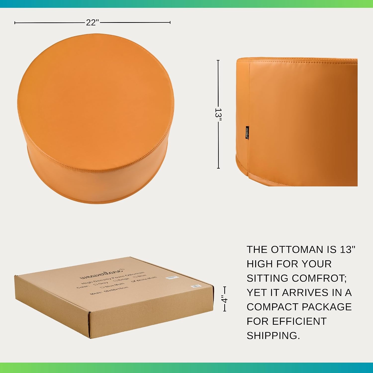 Large 22" Sturdy Sitting Pouf Ottoman Wipe-Clean Leather Boho Geometric Design for Kids Toddler Playroom with Foam Filling as Seating Footrest Side Table College Dorm Décor (Burnt Orange)