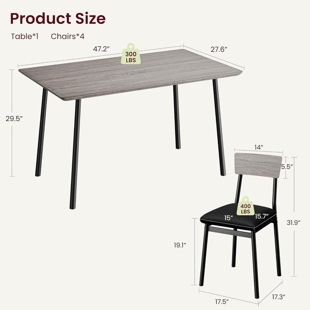 Garvee Dining Table Set for 4 with 4 Upholstered Chairs, Dining Room Table Set for 4 w/Beveled Edge Design, Wood Kitchen Table Chairs Set of 4 for Dining, Kitchen Room, Apartmen,Rustic Gray