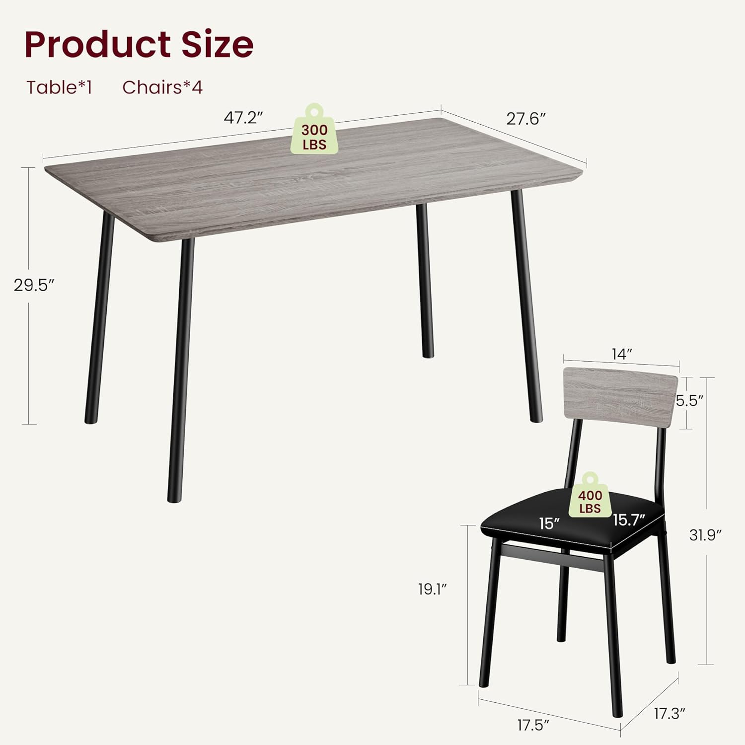 Garvee Dining Table Set for 4 with 4 Upholstered Chairs, Dining Room Table Set for 4 w/Beveled Edge Design, Wood Kitchen Table Chairs Set of 4 for Dining, Kitchen Room, Apartmen,Rustic Gray