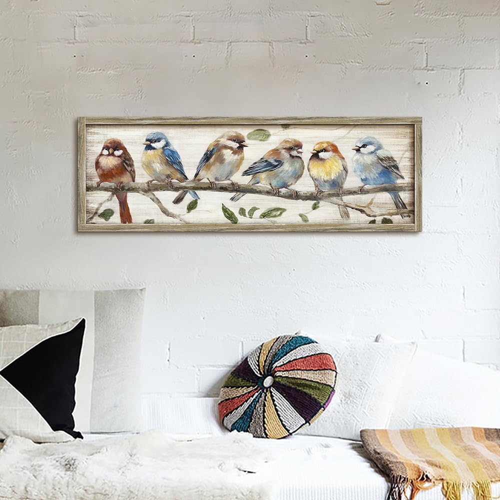 Colorful Bird Wooden Wall Art: Rustic Chickadee Framed Painting Vintage Cute Sparrow Picture Bluebird on Branch Prints Countryside Artwork Decor for Living Room Bedroom Farmhouse