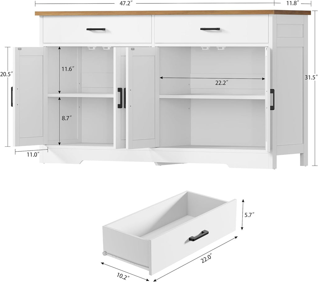 Buffet Cabinet with Storage and 2 Drawers, Large Sideboard Buffet Cabinet with Adjustable Shelves and Doors, Modern Coffee Bar Cabinet, White