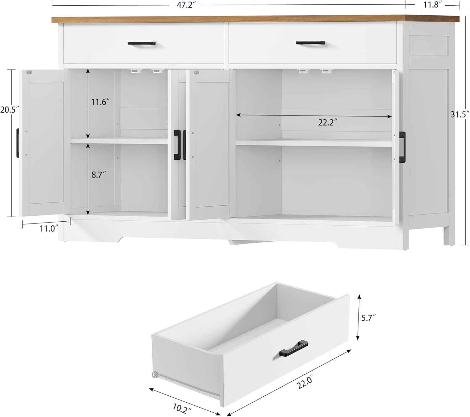 Buffet Cabinet with Storage and 2 Drawers, Large Sideboard Buffet Cabinet with Adjustable Shelves and Doors, Modern Coffee Bar Cabinet, White