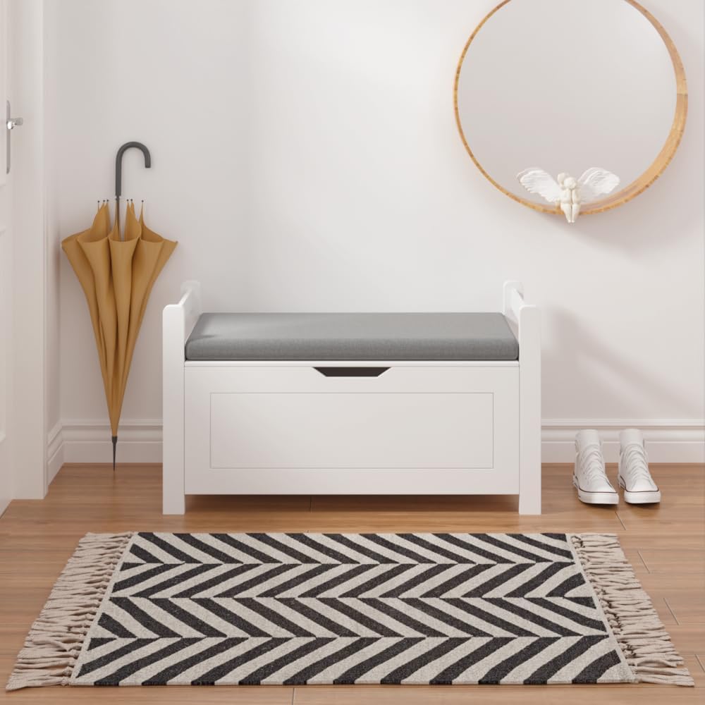 Kids Toy Storage Box with Cushion Seat & Flip-Top Lid – White Wooden Toy Chest with Safety Hinge, Large Organizer Trunk for Nursery, Playroom & Bedroom