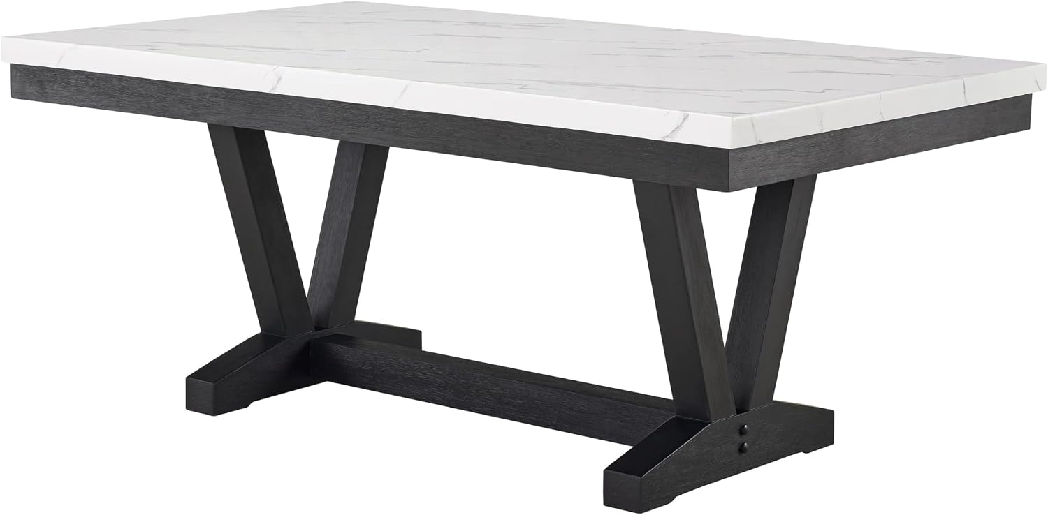 Benzara Vinz Dining Table, 72 Inch White Faux Marble Top, Black Trestle Base