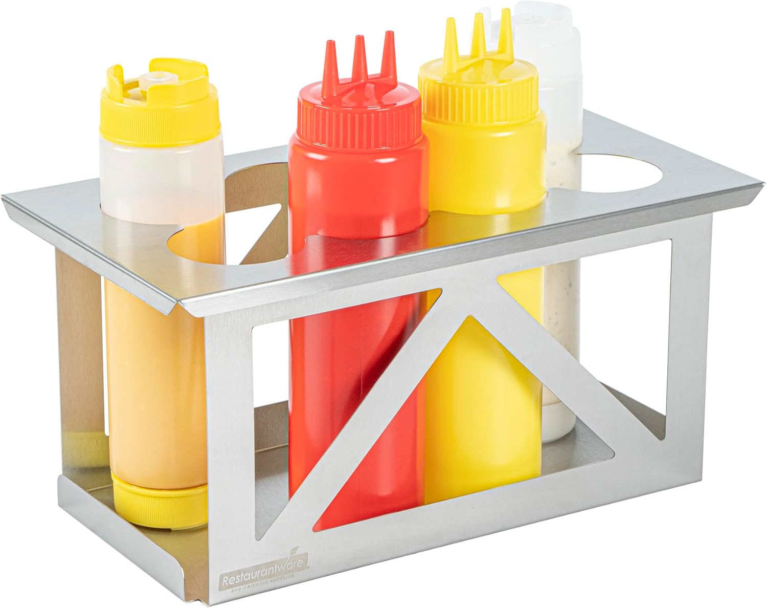 Restaurantware Squeeze Bottle Holder 1 Count Fits 1/3 Size Pan 12.79 x 7.09 x 6.26 Inch Stainless Steel Condiment Bottle Organizer - Durable Kitchen Prep Bottle Rack - Silver