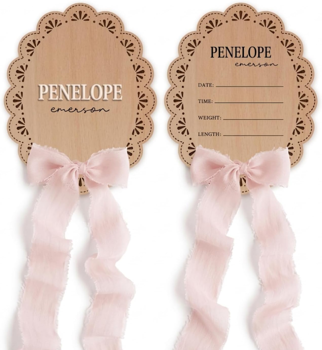 Personalized Wooden Baby Announcement Sign with Chiffon Bow - Custom Birth Stats Name Plate for Newborn Hospital Photo Prop - Nursery Wall Decor & Keepsake - 5, 6, 8, 10 Inch (05 - scalloped lace)