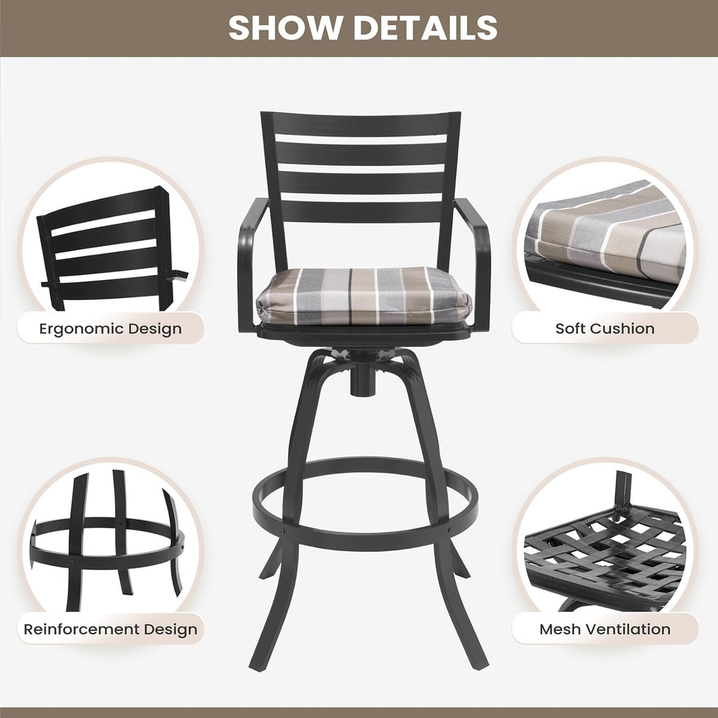 Pellebant Outdoor Bar Stools Set of 4 with Sunbrella Cushion, 29.5" Aluminum Swivel Bar Height Stool Chairs with Back & Footrest, Rust-Proof Patio Bartools for Deck Lawn Garden,Milano Char