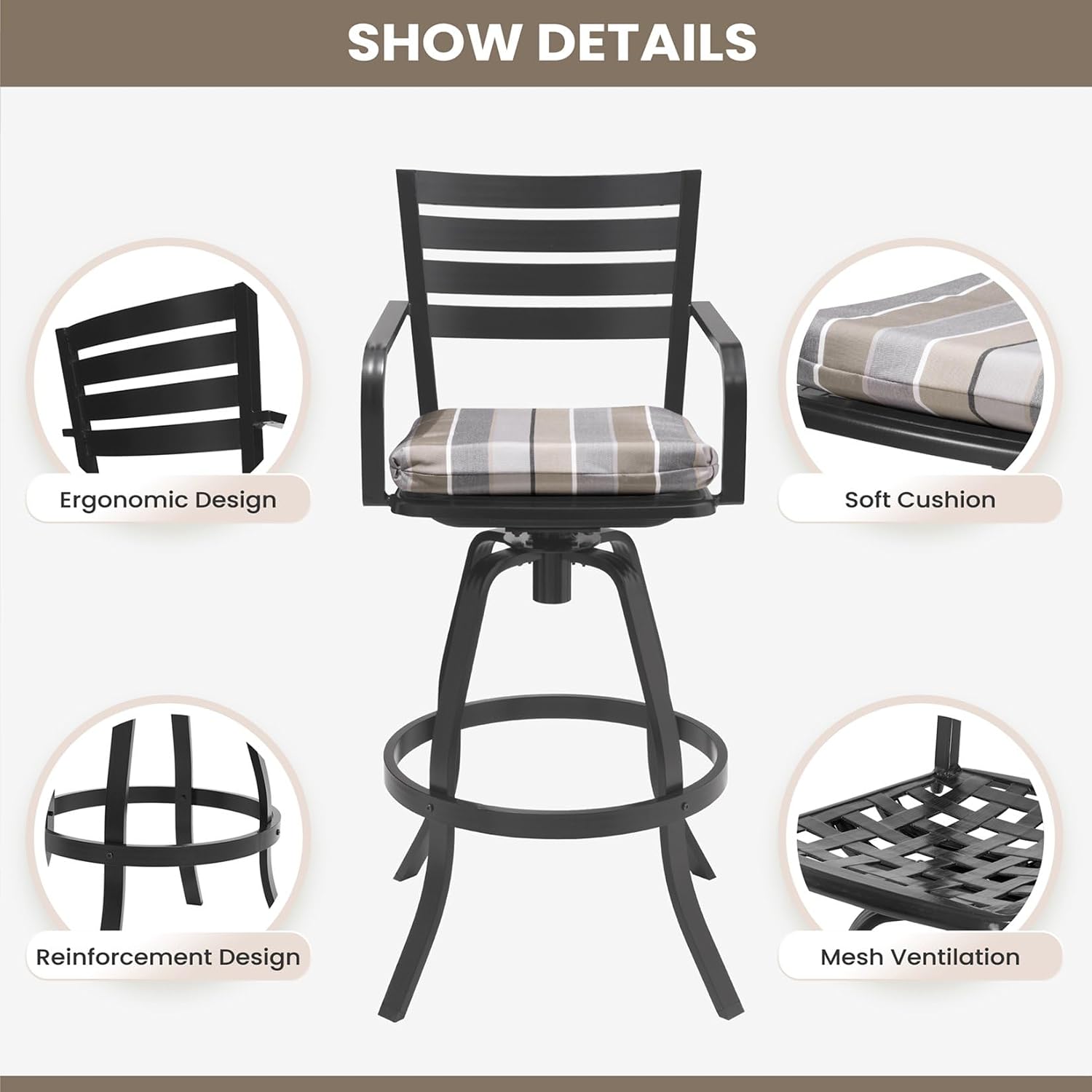 Pellebant Outdoor Bar Stools Set of 4 with Sunbrella Cushion, 29.5" Aluminum Swivel Bar Height Stool Chairs with Back & Footrest, Rust-Proof Patio Bartools for Deck Lawn Garden,Milano Char